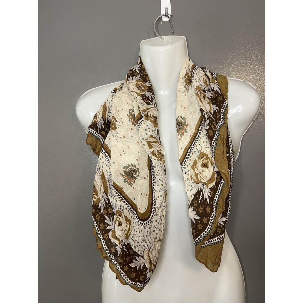 Scarf Womens One Size Brown Cream Square Floral Print Lightweight Boho Bandana